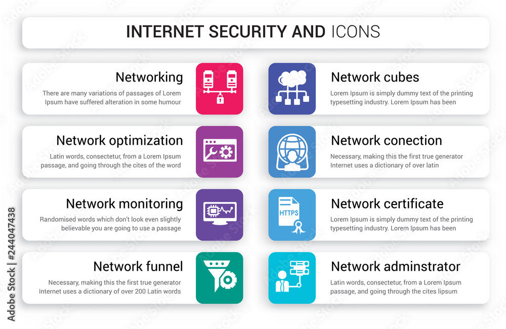 Poster set of 8 white internet security and icons such as networking, network optimization, monitoring, fun
