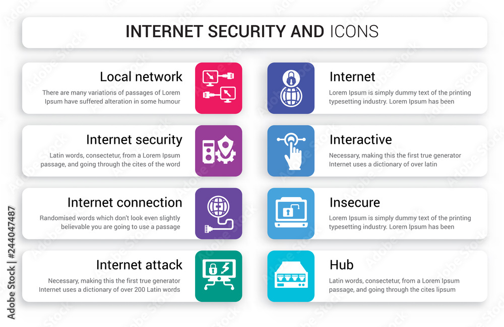 Poster set of 8 white internet security and icons such as local network, security, internet connection, att