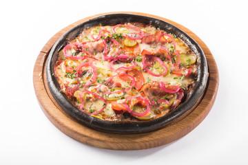 Cuttlefish pizza dough with salami and onion