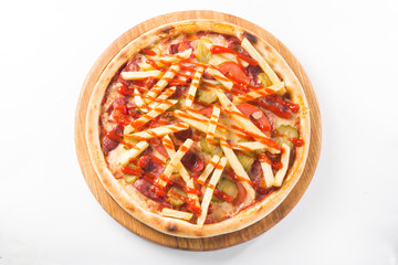 pizza with french fries, tomato and meat, ketchup