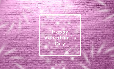 happy valentine day lettering in front of aged white brick wall. beautiful purple pink tone and white font and flower elements