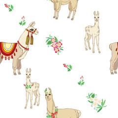  Llamas with flowers. Hand drawn seamless pattern