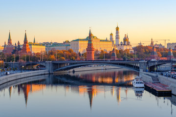 Beautiful Morning city landscape with view on Moscow Kremlin and reflections in waters of Moskva...