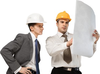 Two Male Architects Looking at Plan, Isolated