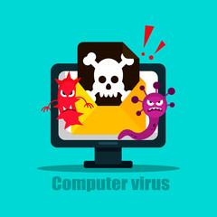 Laptop with envelope and skull on the screen. Concept of virus, piracy, hacking and security. Flat vector illustration