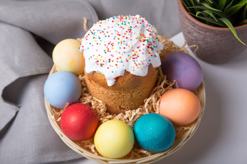 Easter. Traditional Russian and Ukrainian Easter cake (kulich) and painted eggs. Close-up, selective focus.