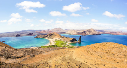 Panoramic view of " Isla Bartolome " at Galapagos Islands archipelago - Travel and wanderlust concept exploring world nature wonders around Ecuador - Vivid filter with warm bright color tones