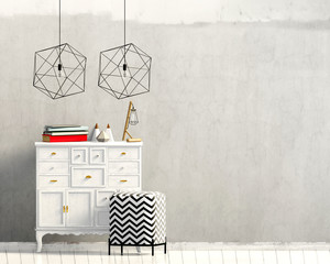 Modern interior with dresser. Wall mock up. 3d illustration.
