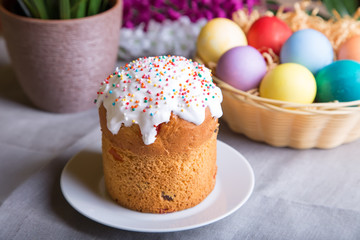 Easter. Traditional Russian and Ukrainian Easter cake (kulich) and painted eggs. Close-up, selective focus.