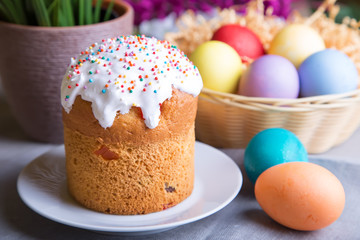 Fototapeta na wymiar Easter. Traditional Russian and Ukrainian Easter cake (kulich) and painted eggs. Close-up, selective focus.