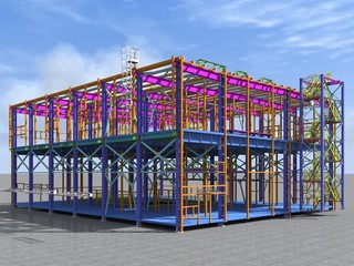 Building Information Model of metal structure. 3D BIM model. The building is of steel columns, beams, connections, etc. 3D rendering. Engineering, industrial, construction BIM background.