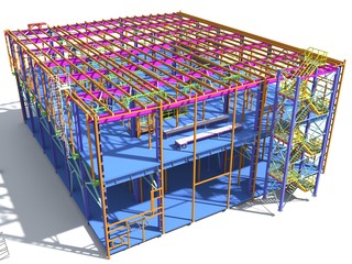 Building Information Model of metal structure. 3D BIM model. The building is of steel columns, beams, connections, etc. 3D rendering. Engineering, industrial, construction BIM background.