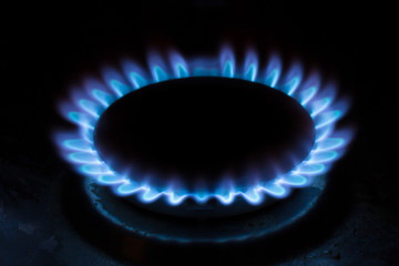 Natural gas burning a blue flames on black background, propane is burning on the gas cooker