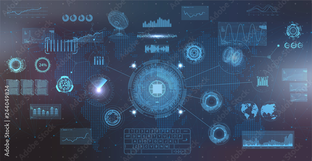 Poster Hightech elements set, HUD UI style. Futuristic user interface Head-up display elements for the web and app. HUD set. Template UI for app and virtual reality