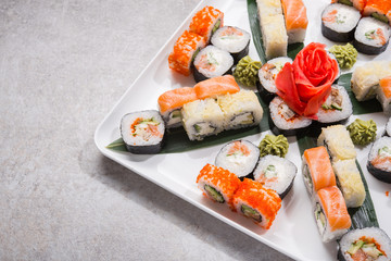 Sushi set on a stone table