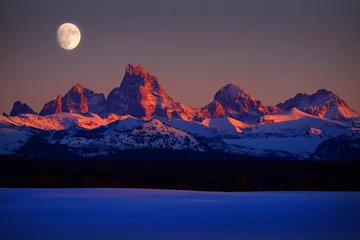 Crédence de cuisine en verre imprimé Chaîne Teton Sunset Light Alpen Glow sur Tetons Teton Mountains avec Moon Rising