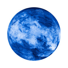 Watercolor painting of blue celestial object isolated on white background
