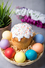 Easter. Traditional Russian and Ukrainian Easter cake (kulich) and painted eggs. Close-up, selective focus.