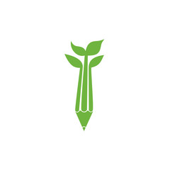 pencil green leaf natural education system logo vector