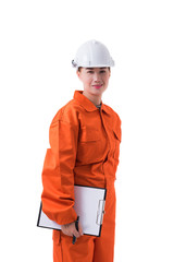 portrait of a woman worker in Mechanic Jumpsuit is holding clipboard and pen isolated on white background