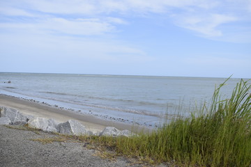 Horizonte de mar, areia da praia e grama