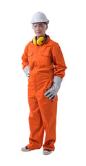 Full body portrait of a woman worker in Mechanic Jumpsuit isolated on white background