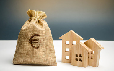 Bag with money and euro sign and wooden houses. Financing in the country. Investing money in real...
