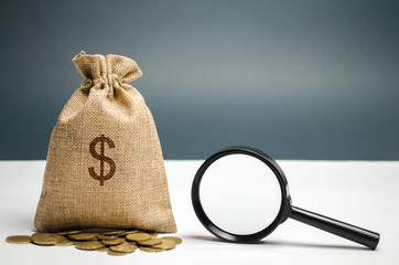Money bag with dollar sign and magnifying glass. The concept of finding sources of investment and...
