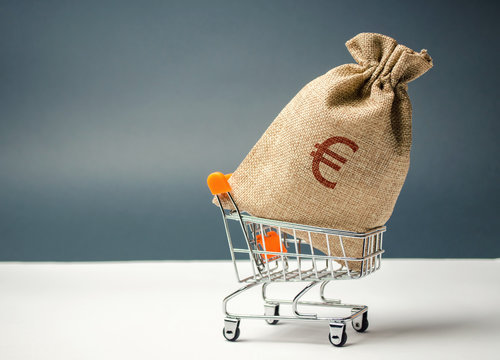 Money bag in supermarket trolley and euro sign. Money Management. Money market. Sale, discounts and low prices. Gift certificate for purchase. Contribution and investment. Cashback. Credit and loan
