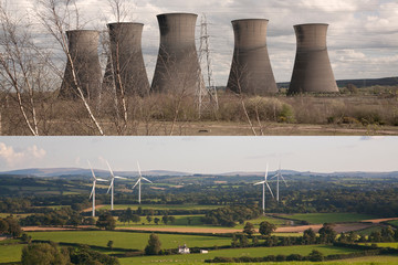 Clean energy and polluting energy generation.   Nuclear power plants and electricity pylons versus...