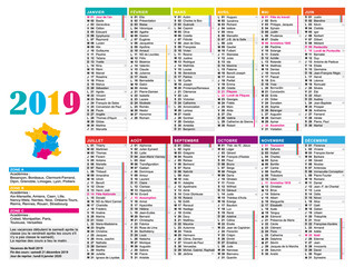 Calendrier 2019 dégradé de couleurs. Vacances scolaires et jours fériés. Vectoriel.