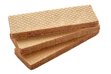 Stack of three crispy wafer biscuits isolated on white