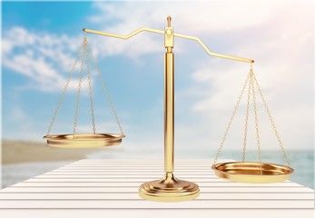 Scales of Justice on table, Weight Scale, Balance.