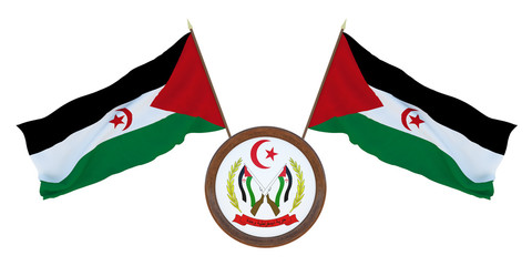 National flag  and the coat of arms 3D illustration  of  Western Sahara. Background for editors and designers. National holiday