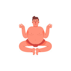 A fat man sits in a lotus pose in a loincloth. A fat young man sits in a pose of meditation. Vector illustration.