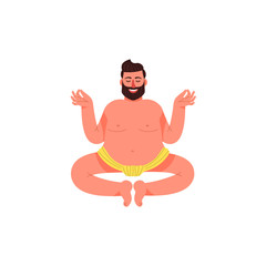 A fat man sits in a lotus pose in a loincloth. A fat young man sits in a pose of meditation. Vector illustration.
