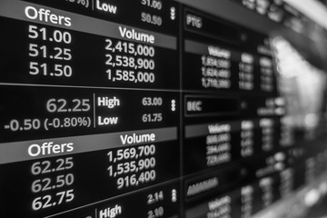 Stock exchange market in black and white on LED screen. Finance and economic concept.
