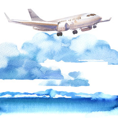 Passenger airplane in blue sky and cloud, flying jet, airliner landing over the sea, travel or vacation concept, hand drawn watercolor illustration on white background - 244057007