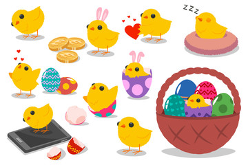 Cute Easter chicks characters. Vector cartoon set of funny holiday chicken with eggs, basket and bunny ears isolated on white background.
