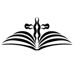 an open book and a wavy-line cross that looks like a bird