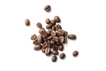 Roasted coffee beans isolated on white background. Close-up.