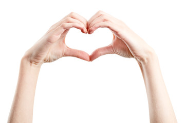 Female hand isolated on white background. White woman's hand showing symbols and gestures. Korean heart finger sign. Asian symbol hand heart. Korean, Chinese and Japanese Symbol hand heart. Love