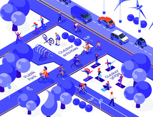 Publik park isometric set. Driving, cycling, running and yoga. Urban future city. Healthy lifestyle. Eco energy. Green technology. People on a white background