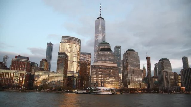 Downtown Manhattan at sunset as seen from a cruise ship, New York City