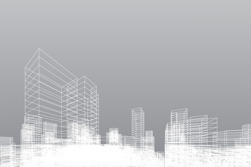 Abstract wireframe city background. Perspective 3D render of building wireframe. Vector.