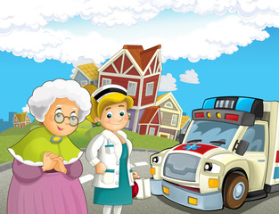 Obraz na płótnie Canvas cartoon scene with older lady not feeling well and ambulance and doctor coming to help - illustration for children
