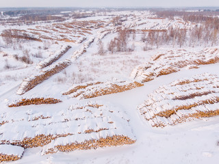 Industrial photo, storage of wooden logs under the snow at a sawmill. Top view
