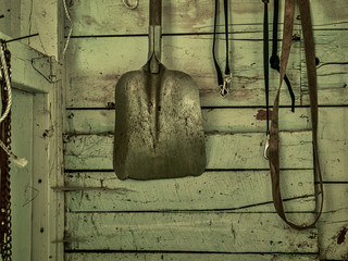 A shovel and animal leashes.