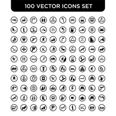 Set of 100 Vector icons such as Caution, Restroom, WC, Information, No Smoking, Parking, Food, Mining work zone, Pets, School bus stop