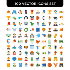 Set of 100 Vector icons such as Podium, Patch, Basketball, Scoreboard, Sneakers, Strategy, Basketball player, jersey